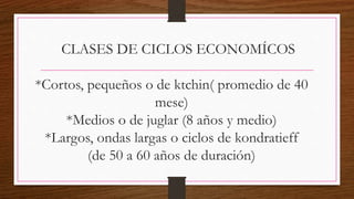 CLASES DE CICLOS ECONOMÍCOS
*Cortos, pequeños o de ktchin( promedio de 40
mese)
*Medios o de juglar (8 años y medio)
*Largos, ondas largas o ciclos de kondratieff
(de 50 a 60 años de duración)
 