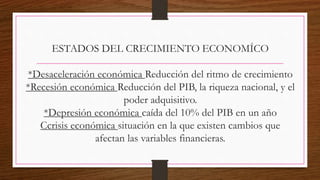 ESTADOS DEL CRECIMIENTO ECONOMÍCO
*Desaceleración económica Reducción del ritmo de crecimiento
*Recesión económica Reducción del PIB, la riqueza nacional, y el
poder adquisitivo.
*Depresión económica caída del 10% del PIB en un año
Ccrisis económica situación en la que existen cambios que
afectan las variables financieras.
 