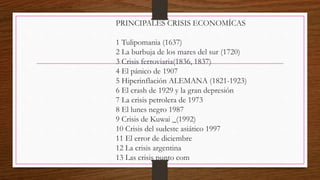 PRINCIPALES CRISIS ECONOMÍCAS
1 Tulipomania (1637)
2 La burbuja de los mares del sur (1720)
3 Crisis ferroviaria(1836, 1837)
4 El pánico de 1907
5 Hiperinflación ALEMANA (1821-1923)
6 El crash de 1929 y la gran depresión
7 La crisis petrolera de 1973
8 El lunes negro 1987
9 Crisis de Kuwai _(1992)
10 Crisis del sudeste asiático 1997
11 El error de diciembre
12 La crisis argentina
13 Las crisis punto com
 