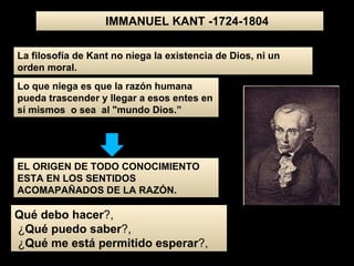 La filosofía de Kant no niega la existencia de Dios, ni un orden moral. Lo que niega es que la razón humana pueda trascender y llegar a esos entes en sí mismos  o sea  al "mundo Dios.” EL ORIGEN DE TODO CONOCIMIENTO ESTA EN LOS SENTIDOS ACOMAPAÑADOS DE LA RAZÓN. Qué debo hacer ?, ¿ Qué puedo saber ?, ¿ Qué me está permitido esperar ?, IMMANUEL KANT -1724-1804 