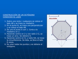 CONSTRUCCIÓN DE UN OCTÓGONO 
CONOCIDO EL LADO 
1. Sobre una recta r cualquiera se coloca el 
lado AB y se traza su mediatriz. 
2. En el punto B, se traza una perpendicular 
y se coloca el lado AB. 
3. Se une el punto A con 1. Corta a la 
mediatriz en 2. 
4. Haciendo centro en 2 y con radio 2-2, se 
traza un arco. Se obtiene O. 
5. Haciendo centro en O, y radio OA, se traza 
la circunferencia. Se ésta, se lleva el lado 
8 veces. 
6. Se unen todos los puntos y se obtiene el 
octógono. 
 
