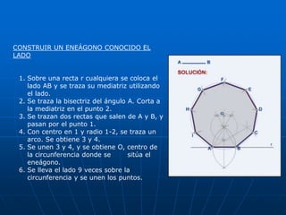CONSTRUIR UN ENEÁGONO CONOCIDO EL 
LADO 
1. Sobre una recta r cualquiera se coloca el 
lado AB y se traza su mediatriz utilizando 
el lado. 
2. Se traza la bisectriz del ángulo A. Corta a 
la mediatriz en el punto 2. 
3. Se trazan dos rectas que salen de A y B, y 
pasan por el punto 1. 
4. Con centro en 1 y radio 1-2, se traza un 
arco. Se obtiene 3 y 4. 
5. Se unen 3 y 4, y se obtiene O, centro de 
la circunferencia donde se sitúa el 
eneágono. 
6. Se lleva el lado 9 veces sobre la 
circunferencia y se unen los puntos. 
 