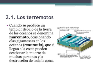 2.1. Los terremotos
• Cuando se produce un
  temblor debajo de la tierra
  de los océanos se denomina
  maremoto, ocasionando
  olas gigantescas en los
  océanos (tsunamis), que si
  llegan a la costa pueden
  ocasionar la muerte de
  muchas personas y la
  destrucción de toda la zona.
 