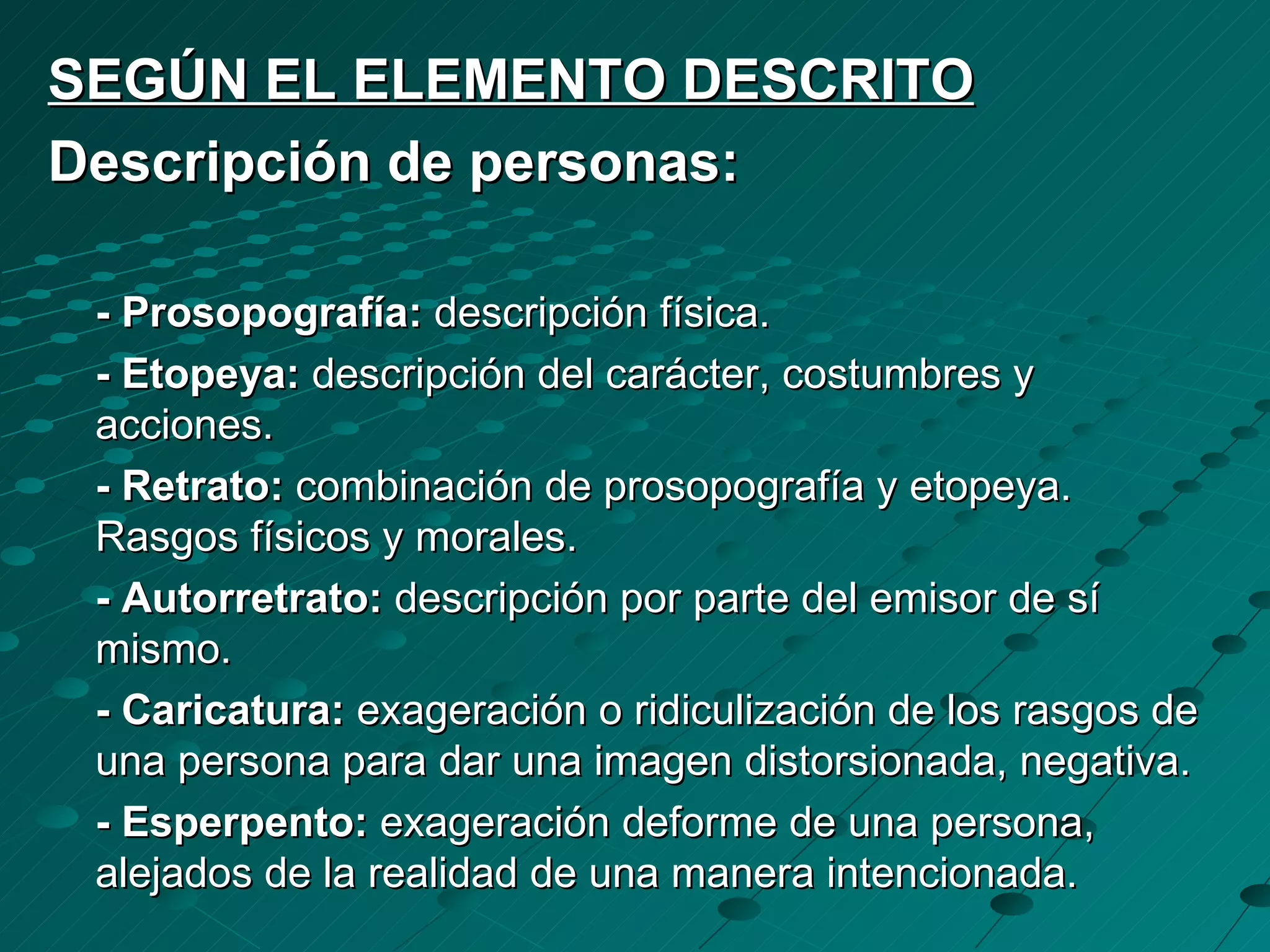 SEGÚN EL ELEMENTO DESCRITO
Descripción de personas:

 - Prosopografía: descripción física.
 - Etopeya: descripción del carácter, costumbres y
 acciones.
 - Retrato: combinación de prosopografía y etopeya.
 Rasgos físicos y morales.
 - Autorretrato: descripción por parte del emisor de sí
 mismo.
 - Caricatura: exageración o ridiculización de los rasgos de
 una persona para dar una imagen distorsionada, negativa.
 - Esperpento: exageración deforme de una persona,
 alejados de la realidad de una manera intencionada.
 