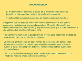 MODO MIMÉTICO


   El modo mimético comunica a través de la imitación como el uso de
   jeroglíficos y pictografías, hasta la fotografía y la holografía.
   “…extraen los rasgos sobresalientes de algún aspecto del mundo…”

Un ejemplo son las señales viarias que indican al conductor lo que puede
encontrar a medida que avanza en la carretera. Ofrece la información que
necesita el conductor, de forma muy esquematizada para que la pueda entender a
una velocidad de cien kilómetros por hora.

Por ejemplo “la técnica de la perspectiva se inventó para hacer más creíbles las
representaciones que se intentaban plasmar.”

La mimesis también se da en otras formas de representación como en las
formas auditivas como la música; que se puede componer para imitar un
trueno, la lluvia, o el galope de caballos. También las palabras pueden ser
onomatopéyicas.

  Es “la imitación de unos rasgos seleccionados del mundo fenoménico por
  medio de material empíricamente disponible…”
 
