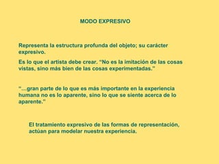 MODO EXPRESIVO



Representa la estructura profunda del objeto; su carácter
expresivo.
Es lo que el artista debe crear. “No es la imitación de las cosas
vistas, sino más bien de las cosas experimentadas.”


“…gran parte de lo que es más importante en la experiencia
humana no es lo aparente, sino lo que se siente acerca de lo
aparente.”



    El tratamiento expresivo de las formas de representación,
    actúan para modelar nuestra experiencia.
 