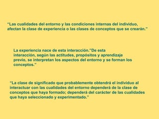 “Las cualidades del entorno y las condiciones internas del individuo,
afectan la clase de experiencia o las clases de conceptos que se crearán.”




   La experiencia nace de esta interacción.”De esta
   interacción, según las actitudes, propósitos y aprendizaje
   previo, se interpretan los aspectos del entorno y se forman los
   conceptos.”



 “La clase de significado que probablemente obtendrá el individuo al
 interactuar con las cualidades del entorno dependerá de la clase de
 conceptos que haya formado; dependerá del carácter de las cualidades
 que haya seleccionado y experimentado.”
 