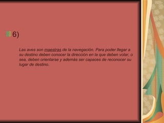 6)  Las aves son  maestras  de la navegación. Para poder llegar a su destino deben conocer la dirección en la que deben volar, o sea, deben orientarse y además ser capaces de reconocer su lugar de destino.   