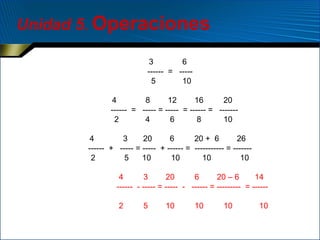 Unidad 5. Operaciones
3
6
------ = ----5
10
4
8
12
16
20
------ = ----- = ----- = ------ = ------2
4
6
8
10
4
3
20
6
20 + 6
26
------ + ----- = ----- + ------ = ----------- = ------2
5
10
10
10
10
4
3
20
6
20 – 6
14
------ - ----- = ----- - ------ = --------- = -----2

5

10

10

10

10

 
