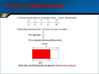 Unidad 5. Operaciones
2. Fracciones que tienen el numerador menor que el denominador:
2
1
5
4
21
------ , -------- , ------- , -------- , ---------3
4
7
9
47
Todas estas fracciones son más pequeñas que la unidad.

2
Por ejemplo -----3
Si la representamos gráficamente:
1 Unidad

∧

2/3
Este tipo de fracciones se llaman fracciones propias.

 