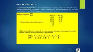 SIMPLIFICAR FRACCIONES (2)
b) Por eliminación de factores : Descompondremos numerador y denominador en factores
primos y eliminaremos los factores iguales en numerador y denominador. Es el más indicado
para fracciones con términos grandes.
Ejemplo: Simplificar
600
480
b) Escribimos la fracción expresando los números descompuestos en factores y eliminamos los
factores que sean iguales en numerador y denominador.
480 2.5 600 2.5
48 2 60 2.5
24 2 6 2
12 2 3 3
6 2 1
3 3
1
a) Descomponemos en factores primos
5
4
5
2.2
5.5.3.2.2.2
5.3.2.2.2.2.2
600
480

 