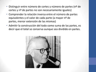 • Distinguir entre número de cortes y número de partes (nº de
cortes y nº de partes no son necesariamente iguales)
• Comprender la relación inversa entre el número de partes
equivalentes y el valor de cada parte (a mayor nº de
partes, menor extensión de las mismas)
• Admitir la construcción del todo como suma de las partes, es
decir que el total se conserva aunque sea dividido en partes.

 