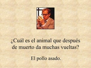 ¿Cuál es el animal que después de muerto da muchas vueltas? El pollo asado. 