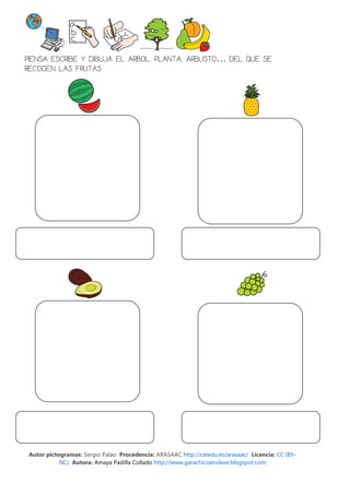 PIENSA ESCRIBE Y DIBUJA EL ARBOL, PLANTA, ARBUSTO… DEL QUE SE
RECOGEN LAS FRUTAS




Autor pictogramas: Sergio Palao Procedencia: ARASAAC http://catedu.es/arasaac/ Licencia: CC (BY-
           NC) Autora: Amaya Padilla Collado http://www.garachicoenclave.blogspot.com
 