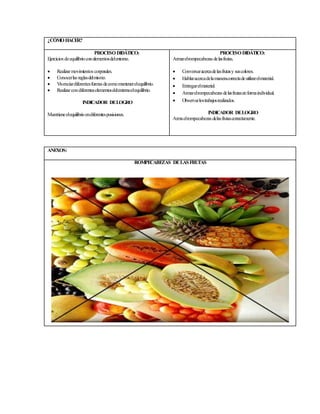 ¿CÓMO HACER? 
PROCESO DIDÁTICO: 
Ejercicios de equilibrio con elementos del entorno. 
 Realizar movimientos corporales. 
 Conocer las reglas del mismo. 
 Vivenciar diferentes formas de como mantener el equilibrio. 
 Realizar con diferentes elementos del enterno el equilibrio. 
INDICADOR DE LOGRO 
Manttiene el equilibrio en diferentes posisiones. 
PROCESO DIDÁTICO: 
Armar el rompecabezas de las frutas. 
 Conversar acerca de las frutas y sus colores. 
 Hablar acerca de la manera correcta de utilizar el material. 
 Entregar el material. 
 Armar el rompecabezas de las frutas en forma individual. 
 Observar los trabajos realizados. 
INDICADOR DE LOGRO 
Arma el rompecabezas de las frutas correctamente. 
ANEXOS: 
ROMPECABEZAS DE LAS FRUTAS 
 