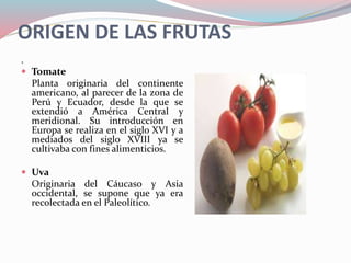 ORIGEN DE LAS FRUTAS
.
 Tomate
Planta originaria del continente
americano, al parecer de la zona de
Perú y Ecuador, desde la que se
extendió a América Central y
meridional. Su introducción en
Europa se realiza en el siglo XVI y a
mediados del siglo XVIII ya se
cultivaba con fines alimenticios.
 Uva
Originaria del Cáucaso y Asia
occidental, se supone que ya era
recolectada en el Paleolítico.
 