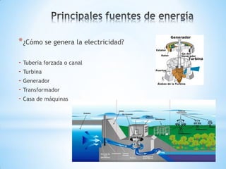 * ¿Cómo se genera la electricidad?

- Tubería forzada o canal
- Turbina
- Generador
- Transformador
- Casa de máquinas
 