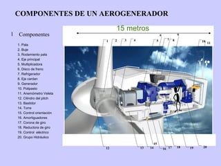 Componentes 1. Pala 2. Buje 3. Rodamiento pala 4. Eje principal 5. Multiplicadora 6. Disco de freno 7. Refrigerador 8. Eje cardan 9. Generador 10. Polipasto 11. Anemómetro Veleta 12. Cilindro del pitch 13. Bastidor 14. Torre 15. Control orientación 16. Amortiguadores 17. Corona de giro 18. Reductora de giro 19. C ontrol  eléctrico 20. Grupo Hidráulico 15 metros COMPONENTES DE UN AEROGENERADOR 16 17 11 12 13 14 18 19 20 1 2 3 4 10 5 7 8 15 6 9 