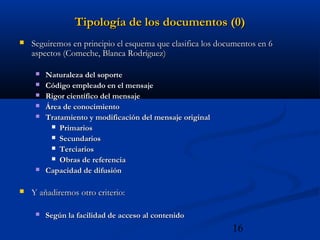 16
Tipología de los documentos (0)Tipología de los documentos (0)
 Seguiremos en principio el esquema que clasifica los documentos en 6Seguiremos en principio el esquema que clasifica los documentos en 6
aspectos (Comeche, Blanca Rodríguez)aspectos (Comeche, Blanca Rodríguez)
 Naturaleza del soporteNaturaleza del soporte
 Código empleado en el mensajeCódigo empleado en el mensaje
 Rigor científico del mensajeRigor científico del mensaje
 Área de conocimientoÁrea de conocimiento
 Tratamiento y modificación del mensaje originalTratamiento y modificación del mensaje original
 PrimariosPrimarios
 SecundariosSecundarios
 TerciariosTerciarios
 Obras de referenciaObras de referencia
 Capacidad de difusiónCapacidad de difusión
 Y añadiremos otro criterio:Y añadiremos otro criterio:
 Según la facilidad de acceso al contenidoSegún la facilidad de acceso al contenido
 