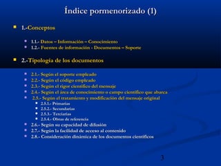 3
Índice pormenorizado (1)Índice pormenorizado (1)
 1.-1.-ConceptosConceptos
 1.1.-1.1.- Datos – Información – ConocimientoDatos – Información – Conocimiento
 1.2.-1.2.- Fuentes de información - Documentos – SoporteFuentes de información - Documentos – Soporte
 2.-2.-Tipología de los documentosTipología de los documentos
 2.1.- Según el soporte empleado2.1.- Según el soporte empleado
 2.2.- Según el código empleado2.2.- Según el código empleado
 2.3.- Según el rigor científico del mensaje2.3.- Según el rigor científico del mensaje
 2.4.- Según el área de conocimiento o campo científico que abarca2.4.- Según el área de conocimiento o campo científico que abarca
 2.5.- Según el tratamiento y modificación del mensaje original2.5.- Según el tratamiento y modificación del mensaje original
 2.5.1.- Primarias2.5.1.- Primarias
 2.5.2.- Secundarias2.5.2.- Secundarias
 2.5.3.- Terciarias2.5.3.- Terciarias
 2.5.4.- Obras de referencia2.5.4.- Obras de referencia
 2.6.- Según su capacidad de difusión2.6.- Según su capacidad de difusión
 2.7.- Según la facilidad de acceso al contenido2.7.- Según la facilidad de acceso al contenido
 2.8.- Consideración dinámica de los documentos científicos2.8.- Consideración dinámica de los documentos científicos
 