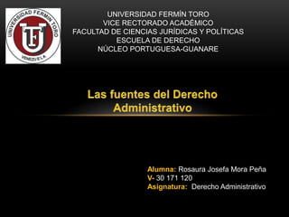 UNIVERSIDAD FERMÍN TORO
VICE RECTORADO ACADÉMICO
FACULTAD DE CIENCIAS JURÍDICAS Y POLÍTICAS
ESCUELA DE DERECHO
NÚCLEO PORTUGUESA-GUANARE
Alumna: Rosaura Josefa Mora Peña
V- 30 171 120
Asignatura: Derecho Administrativo
 