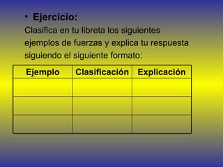 • Ejercicio:
Clasifica en tu libreta los siguientes
ejemplos de fuerzas y explica tu respuesta
siguiendo el siguiente formato:
Ejemplo      Clasificación Explicación
 