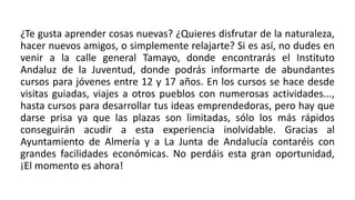 ¿Te gusta aprender cosas nuevas? ¿Quieres disfrutar de la naturaleza,
hacer nuevos amigos, o simplemente relajarte? Si es así, no dudes en
venir a la calle general Tamayo, donde encontrarás el Instituto
Andaluz de la Juventud, donde podrás informarte de abundantes
cursos para jóvenes entre 12 y 17 años. En los cursos se hace desde
visitas guiadas, viajes a otros pueblos con numerosas actividades...,
hasta cursos para desarrollar tus ideas emprendedoras, pero hay que
darse prisa ya que las plazas son limitadas, sólo los más rápidos
conseguirán acudir a esta experiencia inolvidable. Gracias al
Ayuntamiento de Almería y a La Junta de Andalucía contaréis con
grandes facilidades económicas. No perdáis esta gran oportunidad,
¡El momento es ahora!
 