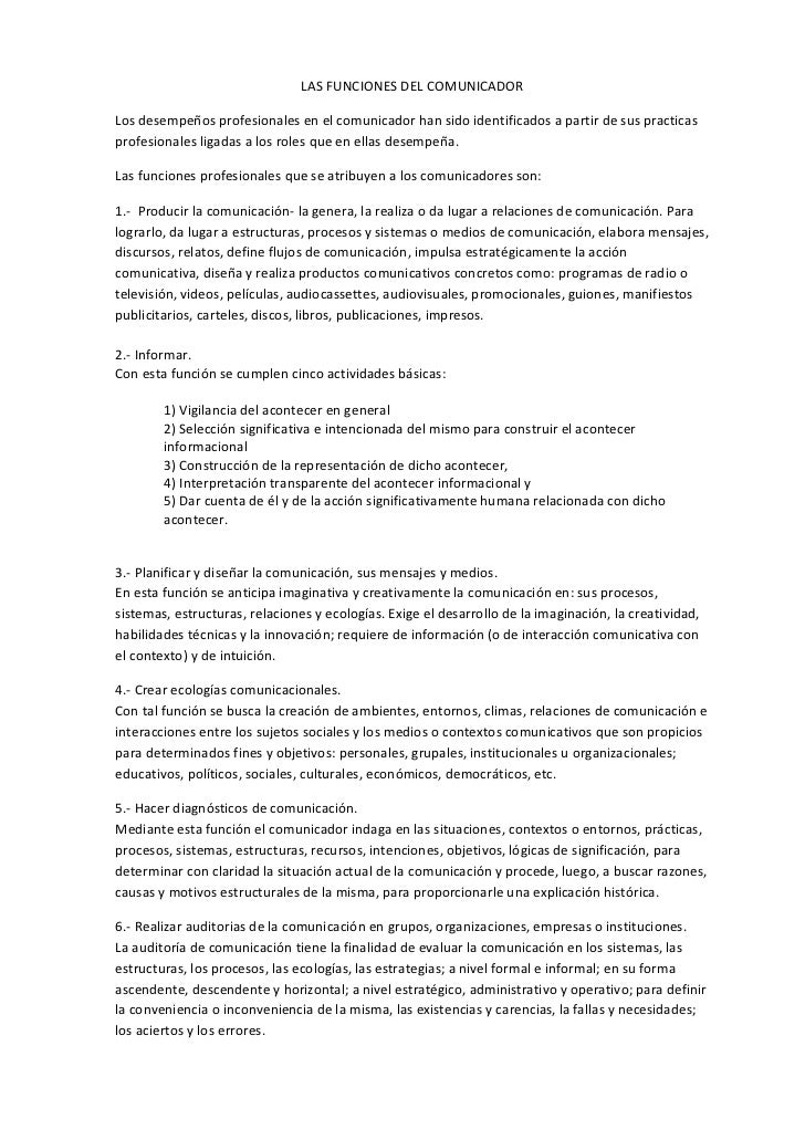 LAS FUNCIONES DEL COMUNICADORLos desempeños profesionales en el comunicador han sido identificados a partir de sus practic...