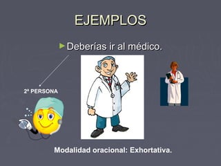 EJEMPLOSEJEMPLOS
►Deberías ir al médico.Deberías ir al médico.
Modalidad oracional: Exhortativa.
2ª PERSONA
 