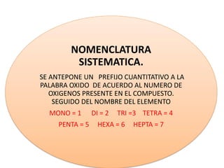 NOMENCLATURA
SISTEMATICA.
SE ANTEPONE UN PREFIJO CUANTITATIVO A LA
PALABRA OXIDO DE ACUERDO AL NUMERO DE
OXIGENOS PRESENTE EN EL COMPUESTO.
SEGUIDO DEL NOMBRE DEL ELEMENTO
MONO = 1 DI = 2 TRI =3 TETRA = 4
PENTA = 5 HEXA = 6 HEPTA = 7
 