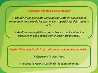 La función educativa de la escuela: Utilizar el conocimiento como herramienta de análisis para comprender más allá de las apariencias superficiales del statu quo real.
