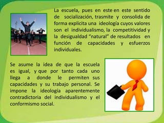 La  escuela,  pues  en  este en  este  sentido  de   socialización, trasmite  y  consolida de forma explicita una  ideología cuyos valores   son  el  individualismo, la  competitividad y la  desigualdad “natural” de resultados   en   función de capacidades y esfuerzos  individuales.  Se  asume  la  idea  de  que  la  escuela   es  igual,  y que  por  tanto  cada  uno   llega  a  donde  le  permiten sus  capacidades  y  su  trabajo  personal.  Se impone la ideología aparentemente  contradictoria del individualismo y el conformismo social. 