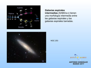 Galaxias espirales
intermedias (SAB0/a-c) tienen
una morfología intermedia entre
las galaxias espirales y las
galaxias espirales barradas.
NGC 253
 