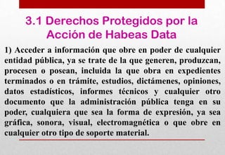 3.1 Derechos Protegidos por la
Acción de Habeas Data
1) Acceder a información que obre en poder de cualquier
entidad pública, ya se trate de la que generen, produzcan,
procesen o posean, incluida la que obra en expedientes
terminados o en trámite, estudios, dictámenes, opiniones,
datos estadísticos, informes técnicos y cualquier otro
documento que la administración pública tenga en su
poder, cualquiera que sea la forma de expresión, ya sea
gráfica, sonora, visual, electromagnética o que obre en
cualquier otro tipo de soporte material.

 