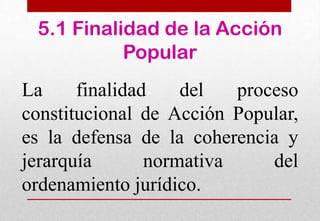 5.1 Finalidad de la Acción
Popular
La
finalidad
del
proceso
constitucional de Acción Popular,
es la defensa de la coherencia y
jerarquía
normativa
del
ordenamiento jurídico.

 