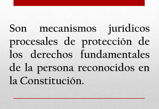 Son mecanismos jurídicos
procesales de protección de
los derechos fundamentales
de la persona reconocidos en
la Constitución.

 