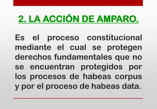 2. LA ACCIÓN DE AMPARO.
Es el proceso constitucional
mediante el cual se protegen
derechos fundamentales que no
se encuentran protegidos por
los procesos de habeas corpus
y por el proceso de habeas data.

 