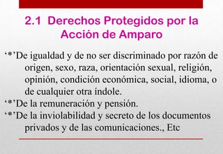 2.1 Derechos Protegidos por la
Acción de Amparo
‘*’De igualdad y de no ser discriminado por razón de
origen, sexo, raza, orientación sexual, religión,
opinión, condición económica, social, idioma, o
de cualquier otra índole.
‘*’De la remuneración y pensión.
‘*’De la inviolabilidad y secreto de los documentos
privados y de las comunicaciones., Etc

 