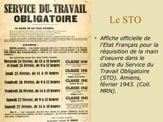 Le STO Affiche officielle de l'Etat Français pour la réquisition de la main d'oeuvre dans le cadre du Service du Travail Obligatoire (STO). Amiens, février 1943. (Coll. MRN).   