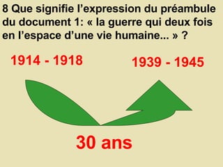 8 Que signifie l’expression du préambule du document 1: « la guerre qui deux fois en l’espace d’une vie humaine... » ?  1914 - 1918 1939 - 1945 30 ans  