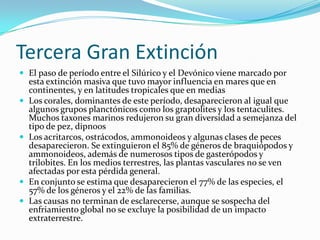 Tercera Gran ExtinciónEl paso de período entre el Silúrico y el Devónico viene marcado por esta extinción masiva que tuvo mayor influencia en mares que en continentes, y en latitudes tropicales que en mediasLos corales, dominantes de este período, desaparecieron al igual que algunos grupos planctónicos como los graptolites y los tentaculites. Muchos taxones marinos redujeron su gran diversidad a semejanza del tipo de pez, dipnoosLos acritarcos, ostrácodos, ammonoideos y algunas clases de peces  desaparecieron. Se extinguieron el 85% de géneros de braquiópodos y ammonoideos, además de numerosos tipos de gasterópodos y trilobites. En los medios terrestres, las plantas vasculares no se ven afectadas por esta pérdida general.En conjunto se estima que desaparecieron el 77% de las especies, el 57% de los géneros y el 22% de las familias.Las causas no terminan de esclarecerse, aunque se sospecha del enfriamiento global no se excluye la posibilidad de un impacto extraterrestre.
