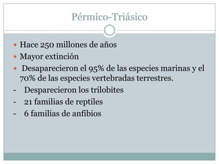 Pérmico-Triásico
 Hace 250 millones de años
 Mayor extinción
 Desaparecieron el 95% de las especies marinas y el

70% de las especies vertebradas terrestres.
- Desparecieron los trilobites
- 21 familias de reptiles
- 6 familias de anfibios

 