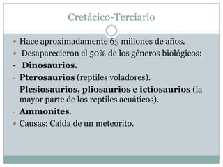Cretácico-Terciario
 Hace aproximadamente 65 millones de años.
 Desaparecieron el 50% de los géneros biológicos:

- Dinosaurios.
- Pterosaurios (reptiles voladores).
- Plesiosaurios, pliosaurios e ictiosaurios (la
mayor parte de los reptiles acuáticos).
- Ammonites.
 Causas: Caída de un meteorito.

 