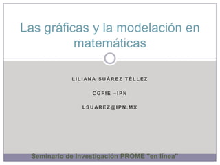 Las gráficas y la modelación en
          matemáticas

            LILIANA SUÁREZ TÉLLEZ

                  CGFIE –IPN

               LSUAREZ@IPN.MX




 Seminario de Investigación PROME "en línea"
 