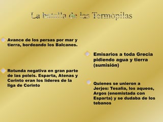 Avance de los persas por mar y 
tierra, bordeando los Balcanes. 
Emisarios a toda Grecia 
pidiendo agua y tierra 
(sumisión) 
Rotunda negativa en gran parte 
de las poleis. Esparta, Atenas y 
Corinto eran los líderes de la 
liga de Corinto 
Quienes se unieron a 
Jerjes: Tesalia, los aqueos, 
Argos (enemistada con 
Esparta) y se dudaba de los 
tebanos 
 