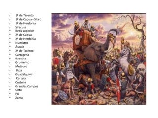 • 1ª de Tarento
• 1ª de Capua - Silaro
• 1ª de Herdonia
• Siracusa
• Betis superior
• 2ª de Capua
• 2ª de Herdonia
• Numistro
• Ásculo
• 2ª de Tarento
• Cartagena
• Baecula
• Grumento
• Metauro
• Ilipa
• Guadalquivir
• Carteia
• Crotona
• Grandes Campos
• Cirta
• Po
• Zama
 