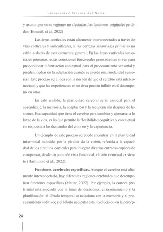 24
U n i v e r s i d a d T é c n i c a d e l N o r t e
y asumir, por otras regiones no afectadas, las funciones originales perdi-
das (Esmaeil, et al. 2022)
Las áreas corticales están altamente interconectadas a través de
vías corticales y subcorticales, y las cortezas sensoriales primarias no
están aisladas de esta estructura general. En las áreas corticales senso-
riales primarias, estas conexiones funcionales preexistentes sirven para
proporcionar información contextual para el procesamiento sensorial y
pueden mediar en la adaptación cuando se pierde una modalidad senso-
rial. Este proceso se alinea con la noción de que el cerebro está interco-
nectado y que las experiencias en un área pueden influir en el desempe-
ño en otras.
En este sentido, la plasticidad cerebral sería esencial para el
aprendizaje, la memoria, la adaptación y la recuperación después de le-
siones. Esa capacidad que tiene el cerebro para cambiar y ajustarse, a lo
largo de la vida, es lo que permite la flexibilidad cognitiva y conductual
en respuesta a las demandas del entorno y la experiencia.
Un ejemplo de este proceso se puede encontrar en la plasticidad
intermodal inducida por la pérdida de la visión, referida a la capaci-
dad de los circuitos corticales para integrar diversas entradas capaces de
compensar, desde un punto de vista funcional, el daño neuronal existen-
te (Hashimoto et al., 2022).
Funciones cerebrales específicas. Aunque el cerebro está alta-
mente interconectado, hay diferentes regiones cerebrales que desempe-
ñan funciones específicas (Mattar, 2022). Por ejemplo, la corteza pre-
frontal está asociada con la toma de decisiones, el razonamiento y la
planificación; el lóbulo temporal se relaciona con la memoria y el pro-
cesamiento auditivo; y el lóbulo occipital está involucrado en la percep-
 