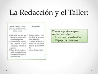 La Redacción y el Taller:
Puntos importantes para
realizar un taller:
• Los temas de redacción.
• El papel del maestro.
 