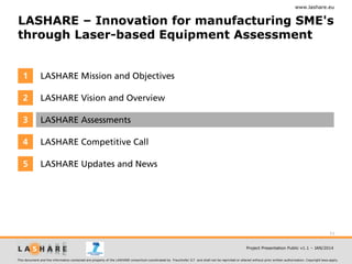 www.lashare.eu

LASHARE – Innovation for manufacturing SME's
through Laser-based Equipment Assessment

1

LASHARE Mission and Objectives

2

LASHARE Vision and Overview

3

LASHARE Assessments

4

LASHARE Competitive Call

5

LASHARE Updates and News

11
Project Presentation Public v1.1 – JAN/2014
This document and the information contained are property of the LASHARE consortium coordinated by Fraunhofer ILT and shall not be reprinted or altered without prior written authorization. Copyright laws apply.

 