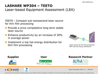 www.lashare.eu

LASHARE WP304 – TEETO
Laser-based Equipment Assessment (LEA)
TEETO - Compact sub nanosecond laser source
for thin film processing
 Provide a price competetive long term stable
laser source
 Enhance productivity by an increase of 30%
in average power
 Implement a top hat energy distribution for
thin film processing

Supplier

User

Laser source for thin film processing
With top hat energy distribution

Research Partner

17
Project Presentation Public v1.1 – JAN/2014
This document and the information contained are property of the LASHARE consortium coordinated by Fraunhofer ILT and shall not be reprinted or altered without prior written authorization. Copyright laws apply.

 